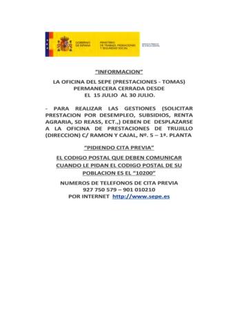 Imagen INFORMACION OFICINA SEPE (PRESTACIONES - TOMAS) VACACIONES 2ª QUINCENA JULIO 2019