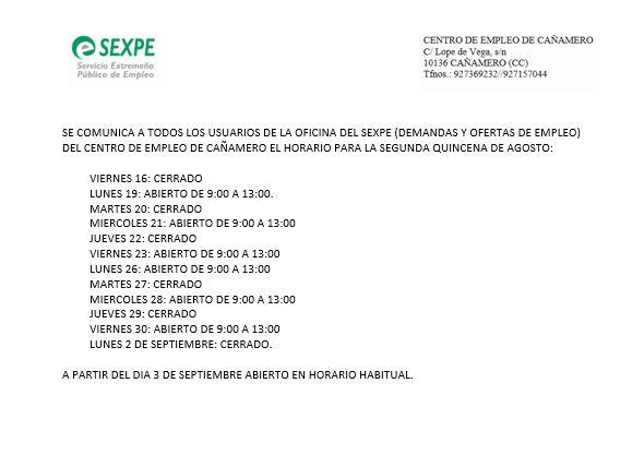 Imagen NOTICIA:: SEXPE HORARIO 2ª QUINCENA AGOSTO 2019