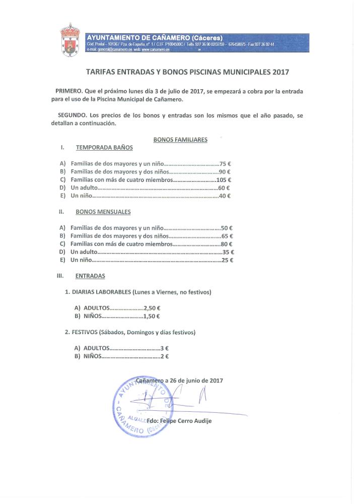 Imagen TARIFAS DE ENTRADAS Y BONOS DE LA PISCINA MUNICIPAL, TEMPORADA 2017 
